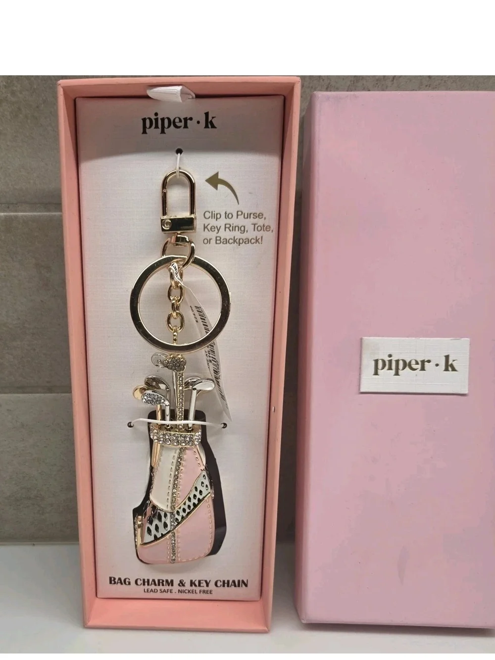 Piper K Golf Bag Keychain Bag Charm Pink with Rhinestones New In Box